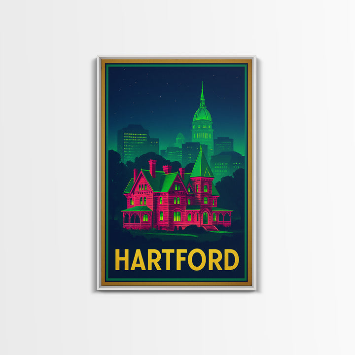 Hartford Connecticut Travel Poster, Canvas Print, Neon City Skyline Wall Art, Hartford Art Print, Wall Decor, Travel Art, Travel Print