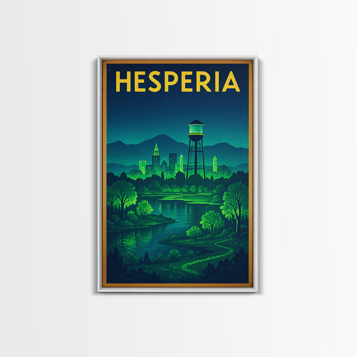 Hesperia Travel Poster, Framed Canvas Print, Electric Night Poster Art, Hesperia Travel Art, Vintage Travel Art, Living Room Wall Art