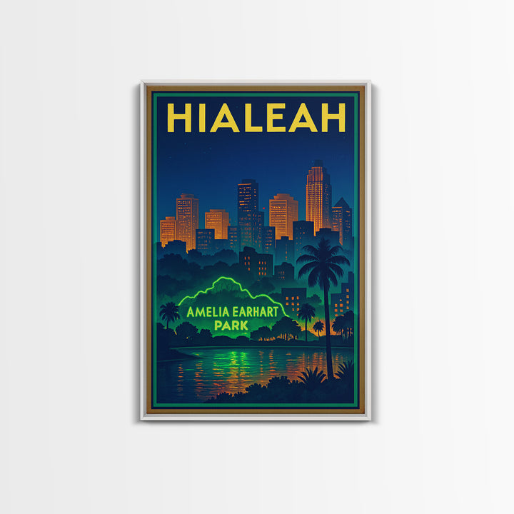 Hialeah Travel Poster, Canvas Print, Retro Neon Travel Art, Hialeah Wall Art, Wall Art, Watercolor Urban Skyline, Travel Art Print