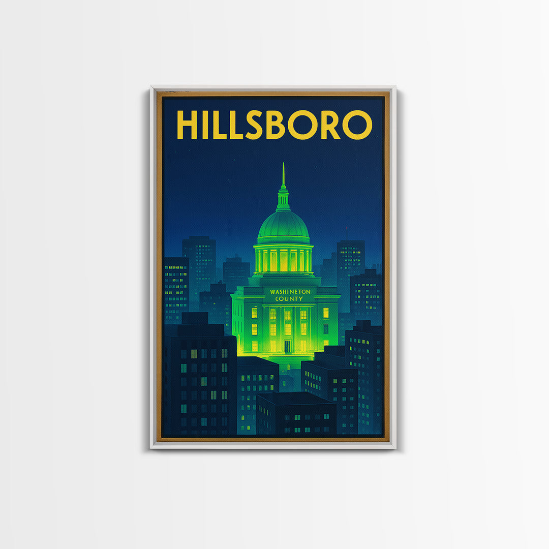 Hillsboro Travel Poster, Framed Canvas Print, Cyberpunk Style City Art, Hillsboro Travel Art, Vintage Travel Art, Fine Art Print