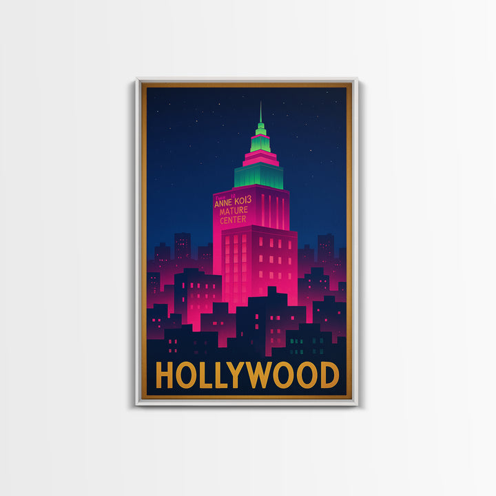 Hollywood Florida Travel Poster, Framed Canvas Print, Cyberpunk Style City Art, Hollywood Wall Art, Eclectic Wall Decor, Fine Art Print