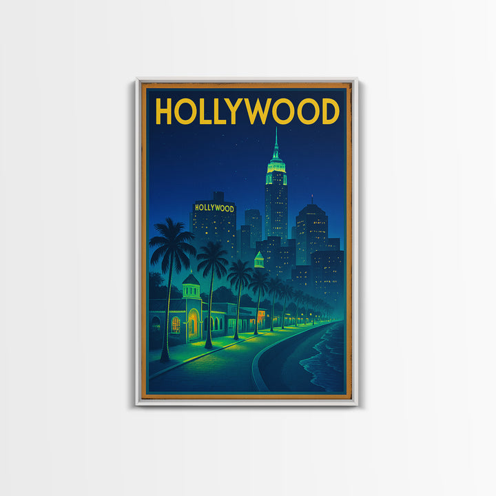Hollywood Travel Poster, Canvas Print, Retro Neon Travel Art, Hollywood City Art, Travel Wall Art, Travel Wall Decor, City Art Print