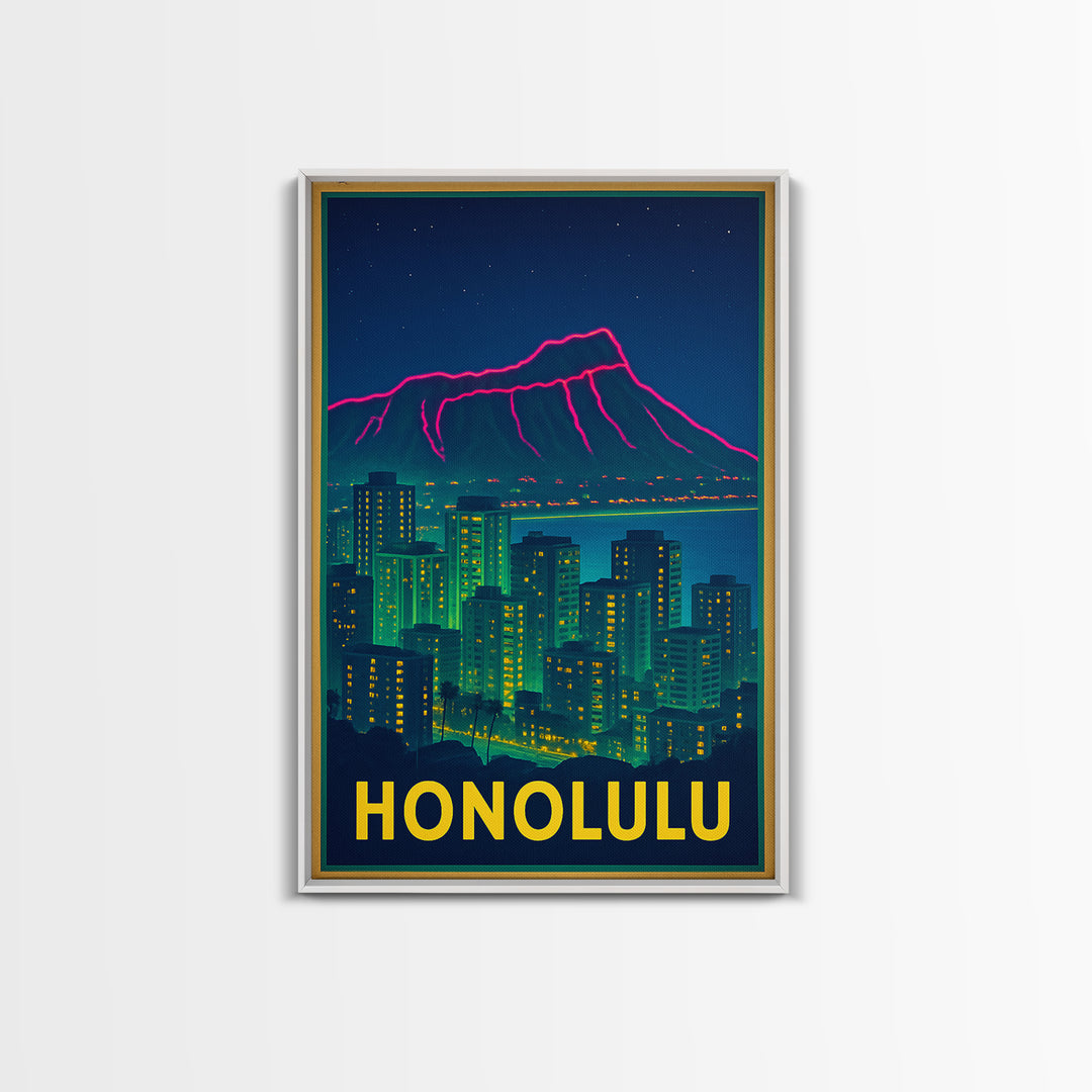 Honolulu Hawaii Travel Poster, Framed Canvas Print, Retro Neon Travel Art, Honolulu City Art, Living Room Wall Art, City Illustration