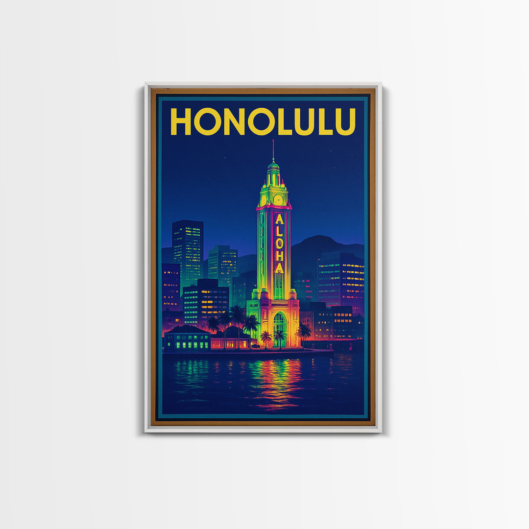 Honolulu Travel Poster, Framed Canvas Print, Neon Cityscape Wall Art, Honolulu Wall Art, City Illustration, Vintage City Art, Art Print