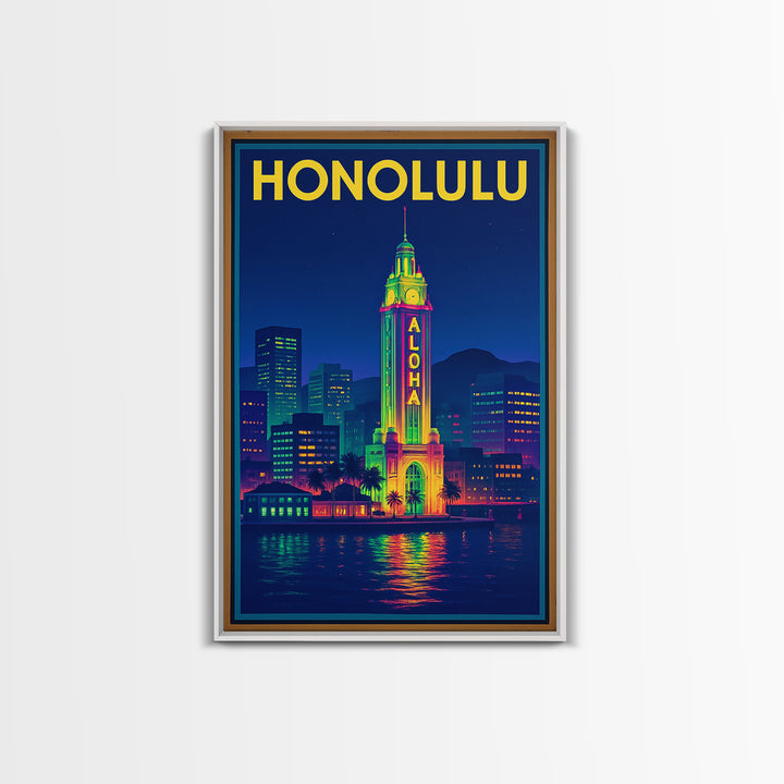 Honolulu Travel Poster, Framed Canvas Print, Neon Cityscape Wall Art, Honolulu Wall Art, City Illustration, Vintage City Art, Art Print