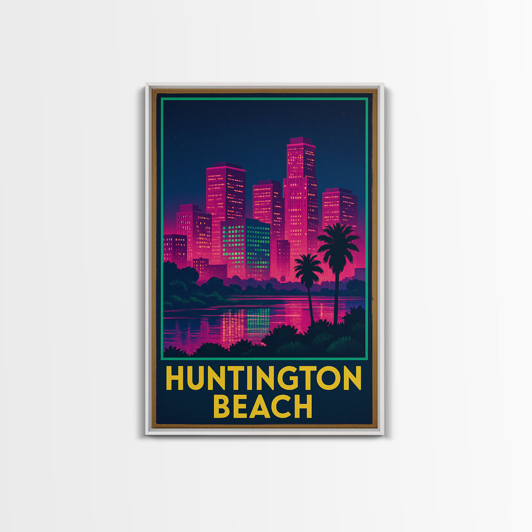 Huntington Beach California Travel Poster, Canvas Print, Electric Night Poster Art, Huntington Beach Travel Art, Office Decor