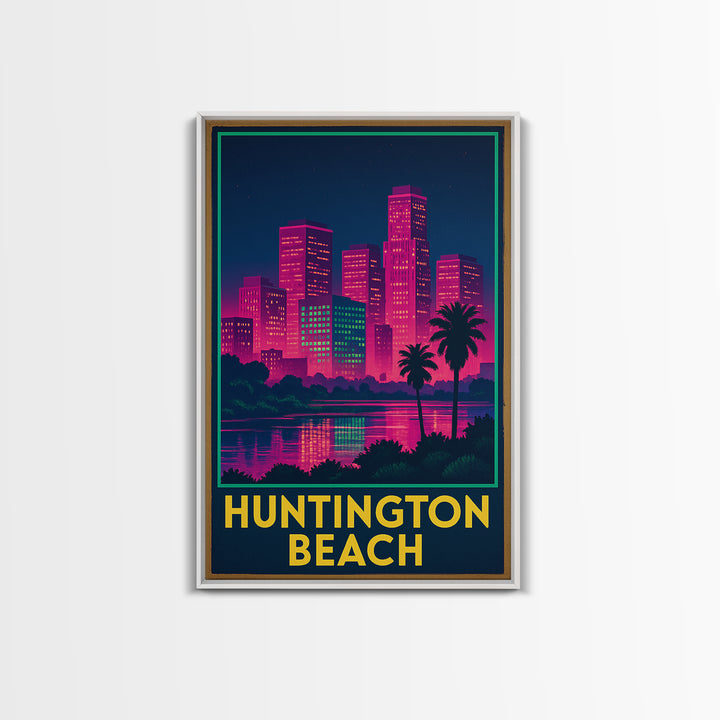 Huntington Beach California Travel Poster, Canvas Print, Electric Night Poster Art, Huntington Beach Travel Art, Office Decor