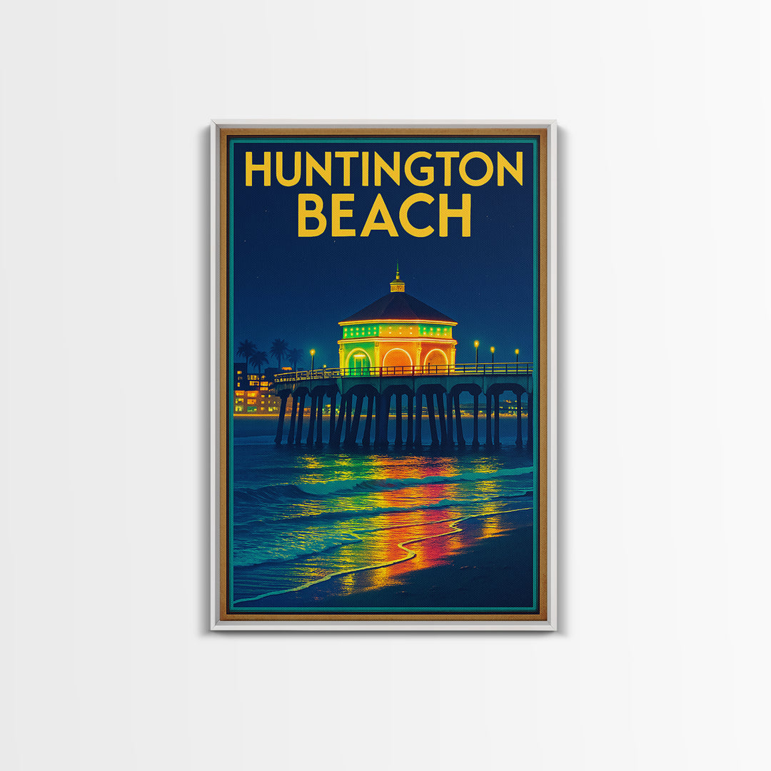 Huntington Beach Travel Poster, Framed Canvas Print, Neon City Skyline Wall Art, Huntington Beach Art Print, Vintage City Poster, Design 2