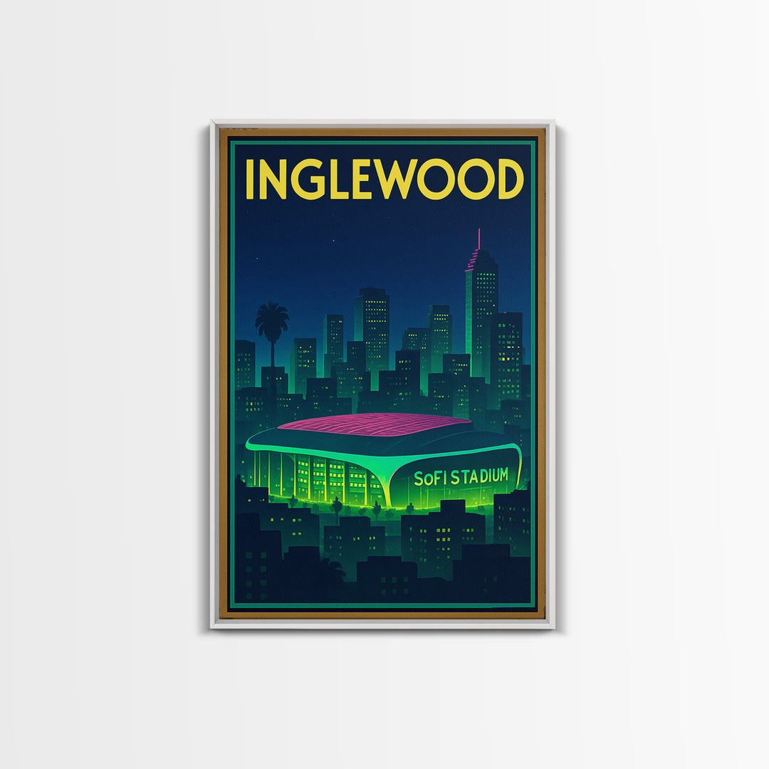 Inglewood Travel Poster, Framed Canvas Print, Cyberpunk Style City Art, Inglewood Travel Art, Vintage City Poster, Vintage Travel Art
