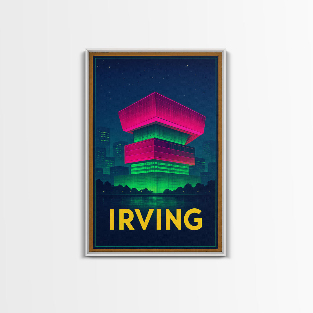 Irving Texas Travel Poster, Framed Canvas Print, Cyberpunk Style City Art, Irving Poster Print, Watercolor Skyline Art, Travel Art Print
