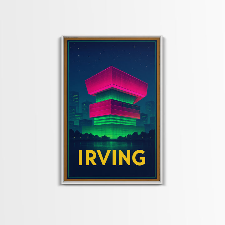 Irving Texas Travel Poster, Framed Canvas Print, Cyberpunk Style City Art, Irving Poster Print, Watercolor Skyline Art, Travel Art Print