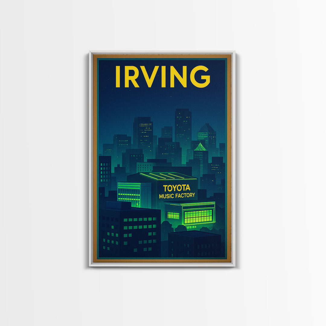 Irving Travel Poster, Framed Canvas Print, Cyberpunk Style City Art, Irving Poster Print, Living Room Wall Art, Vintage City Art
