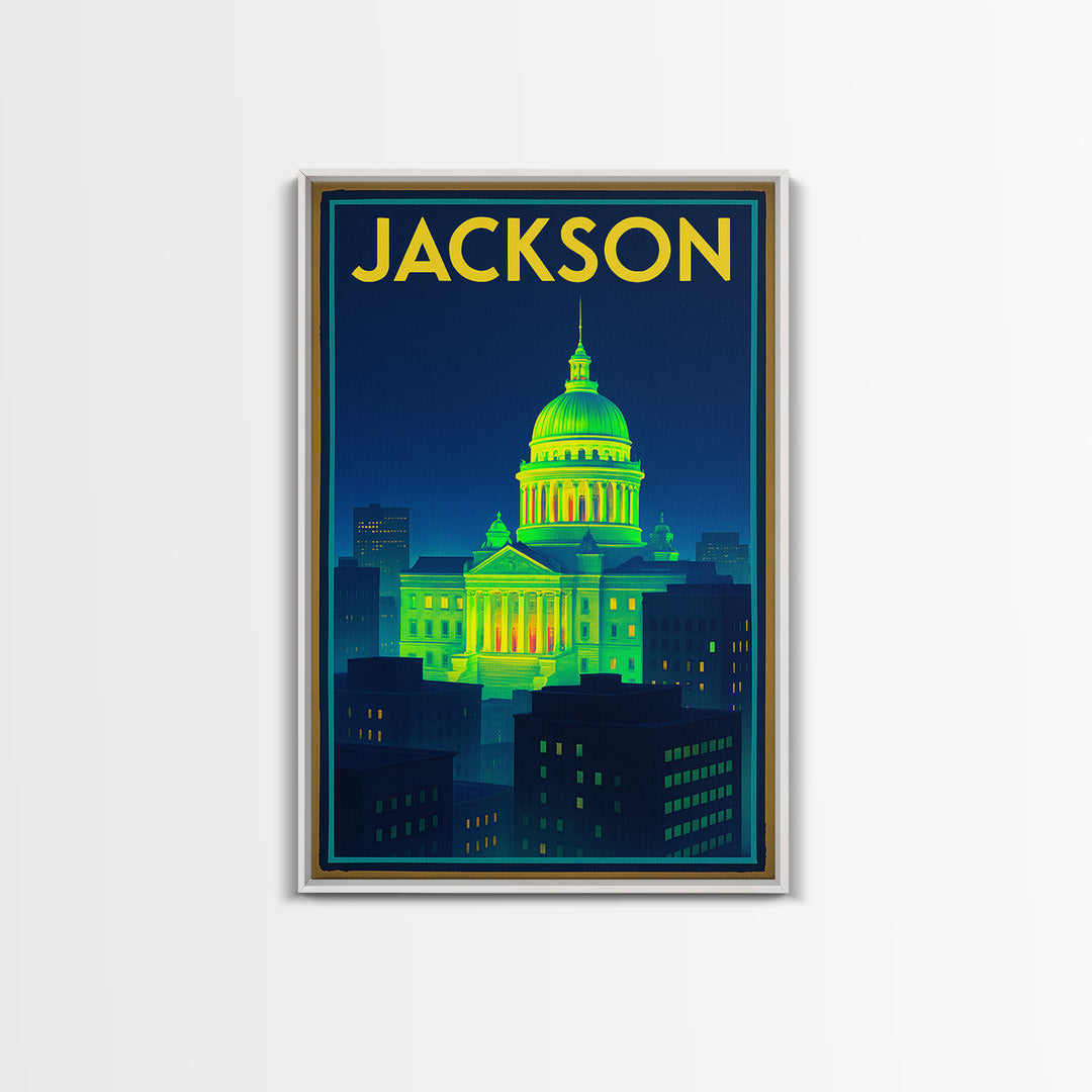 Jackson Travel Poster, Canvas Print, Retro Neon Travel Art, Jackson Wall Art, City Travel Prints, Vintage Travel Print, City Illustration
