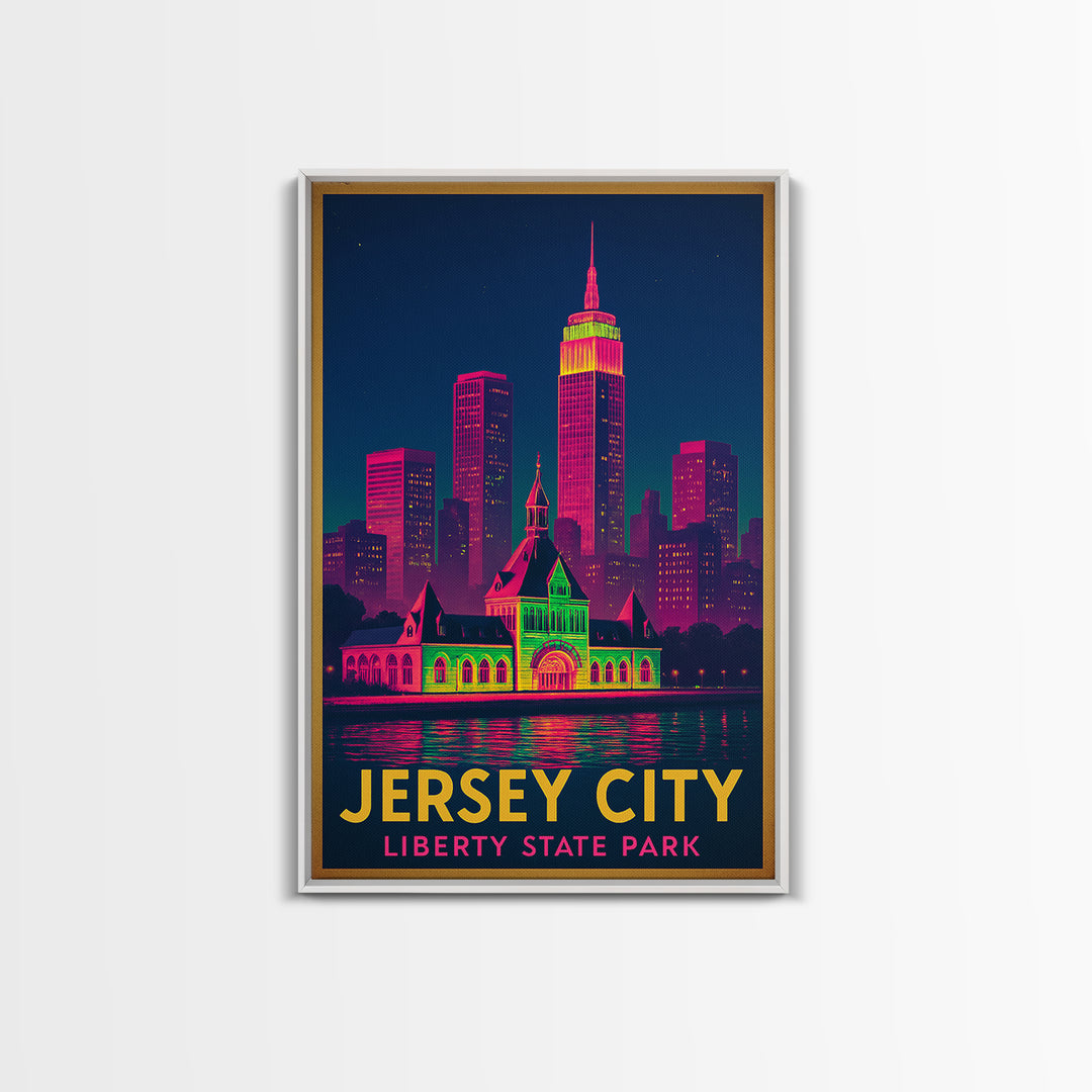 Jersey City New Jersey Travel Poster, Framed Canvas Print, Retro Neon Travel Art, Jersey City City Art, Vintage Travel Art, City Art Print