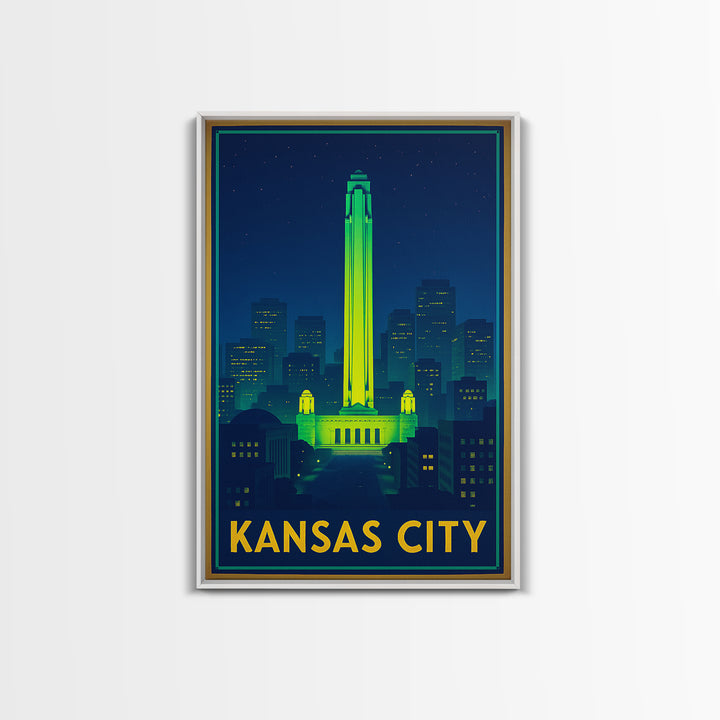 Kansas City Missouri Travel Poster, Canvas Print, Neon Cityscape Wall Art, Kansas City Travel Art, Vintage Travel Art, Vintage City Poster