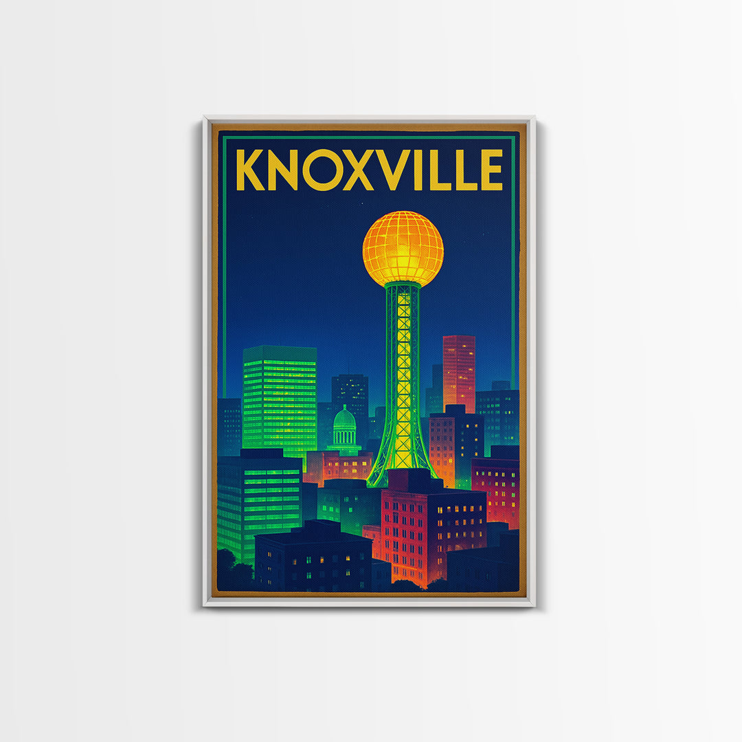 Knoxville Travel Poster, Framed Canvas Print, Retro Neon Travel Art, Knoxville Art Print, Retro Travel Print, Travel Wall Art, Design 2