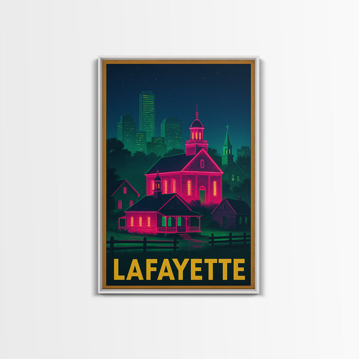 Lafayette Louisiana Travel Poster, Framed Canvas Print, Cyberpunk Style City Art, Lafayette Travel Art, Retro Travel Print, City Art Print