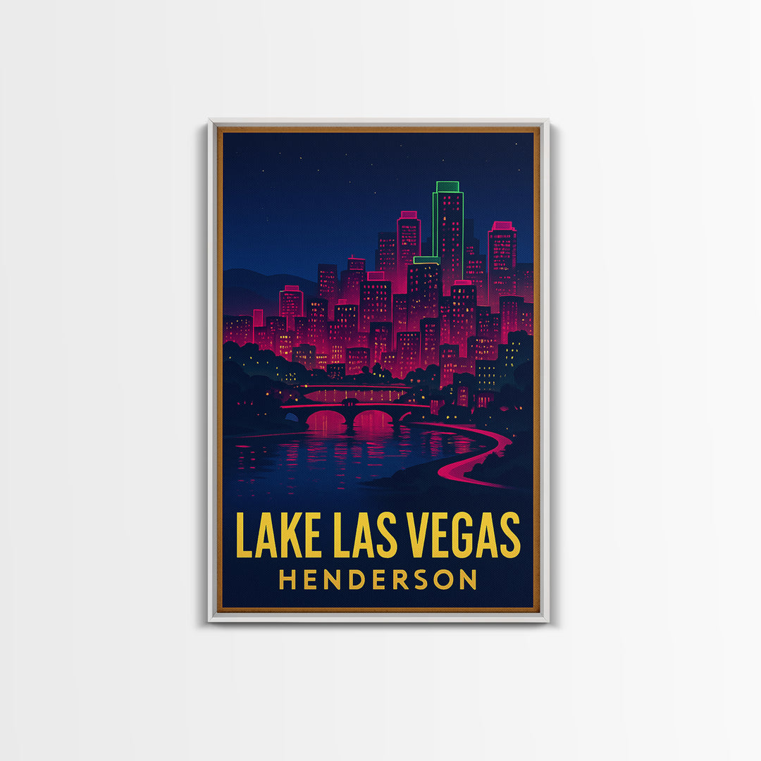 Lake Las Vegas Travel Poster, Framed Canvas Print, Neon Cityscape Wall Art, Lake Las Vegas Poster Print, Fine Art Print, Travel Wall Decor