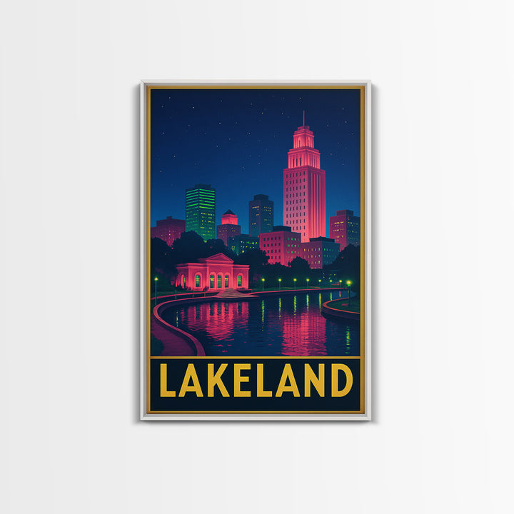 Lakeland Florida Travel Poster, Framed Canvas Print, Cyberpunk Style City Art, Lakeland Wall Art, Home Office Decor, Travel Poster Set