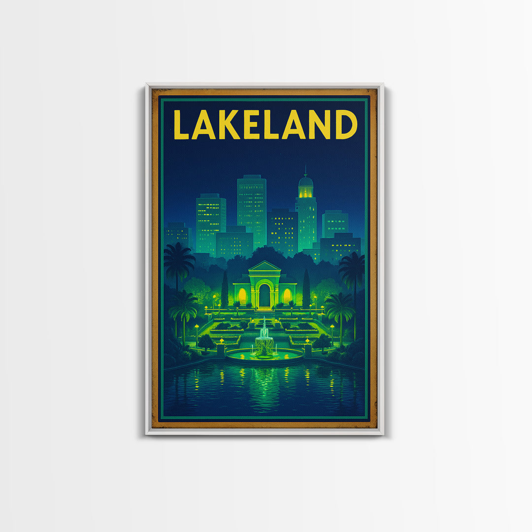 Lakeland Travel Poster, Framed Canvas Print, Electric Night Poster Art, Lakeland Travel Art, City Illustration, Living Room Wall Art