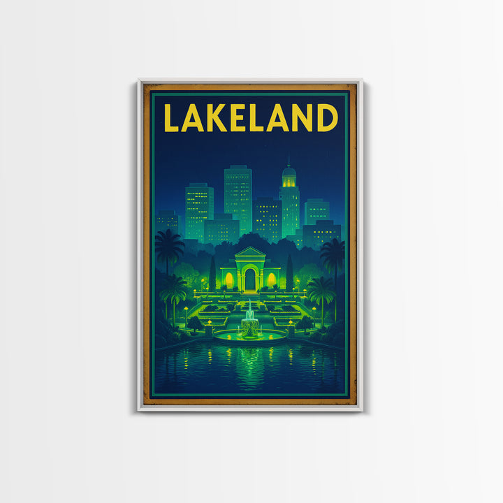 Lakeland Travel Poster, Framed Canvas Print, Electric Night Poster Art, Lakeland Travel Art, City Illustration, Living Room Wall Art