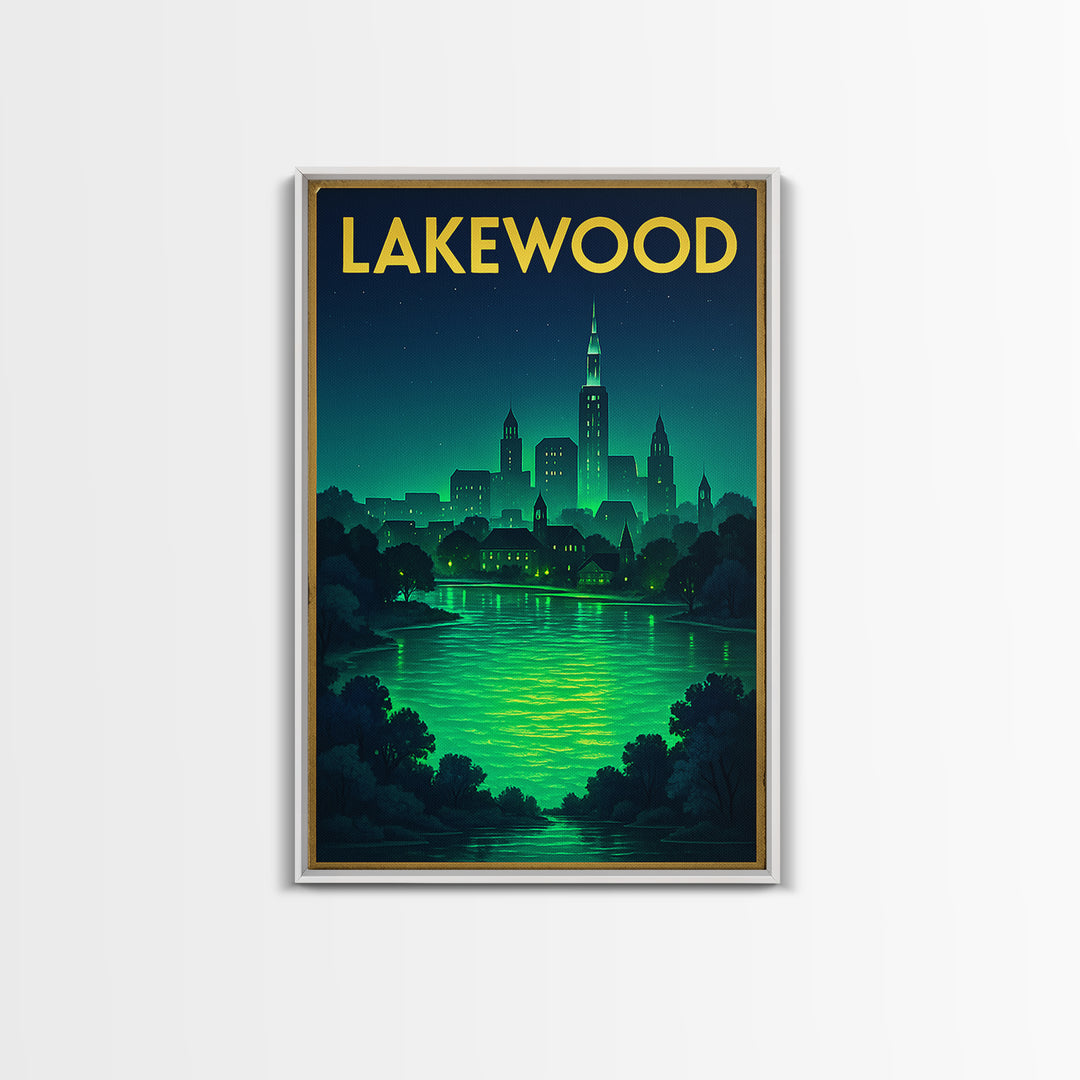 Lakewood Travel Poster, Framed Canvas Print, Neon Cityscape Wall Art, Lakewood Travel Art, City Travel Prints, Vintage Travel Print