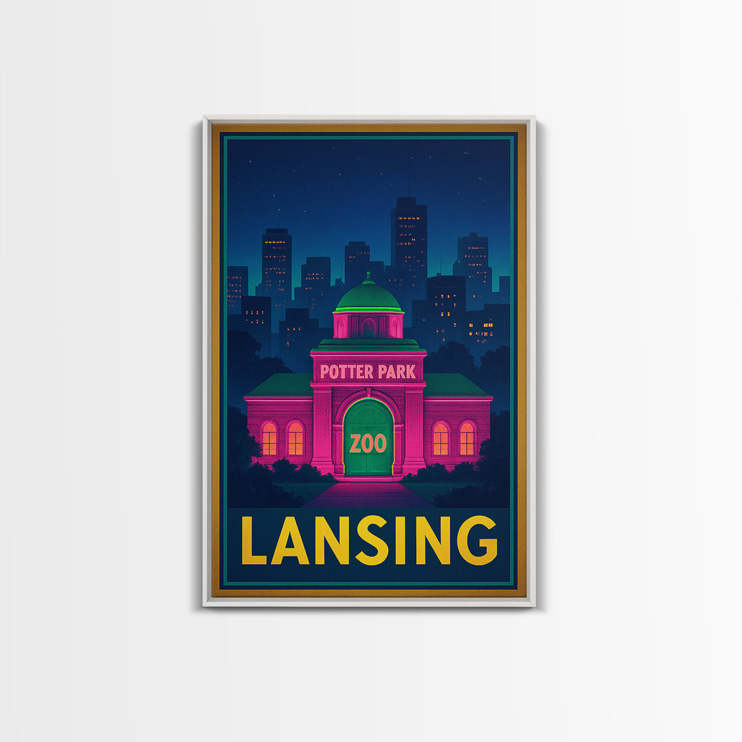 Lansing Michigan Travel Poster, Canvas Print, Neon Skyline Wall Art, Lansing Art Print, Wall Decor, Travel Poster Set, Wanderlust Decor
