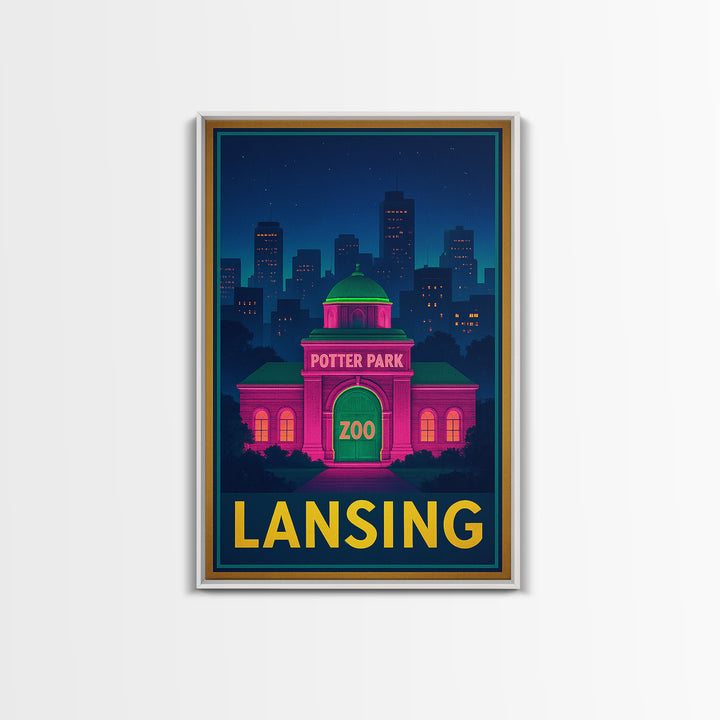 Lansing Michigan Travel Poster, Canvas Print, Neon Skyline Wall Art, Lansing Art Print, Wall Decor, Travel Poster Set, Wanderlust Decor