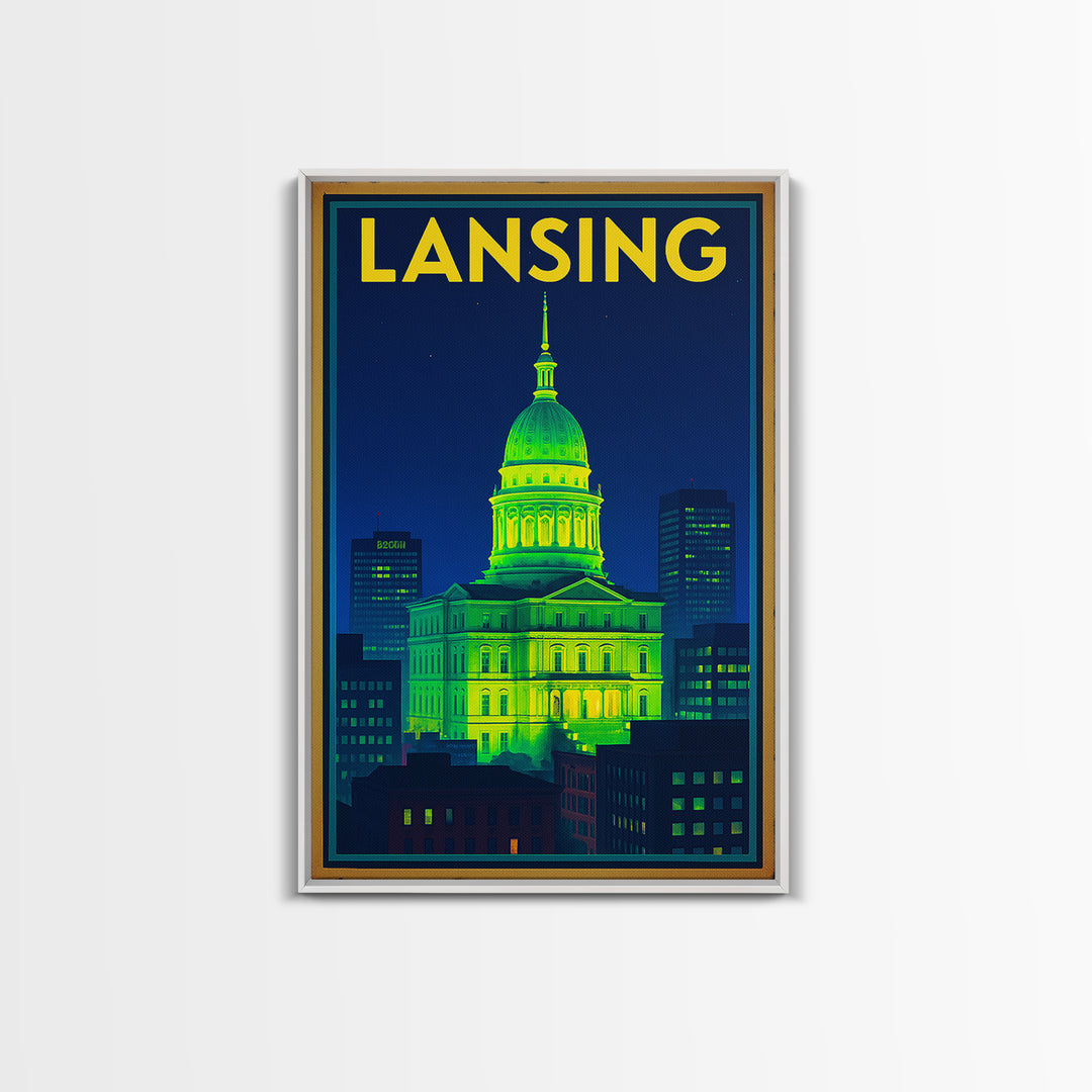 Lansing Travel Poster, Framed Canvas Print, Retro Neon Travel Art, Lansing City Art, City Illustration, Vintage Travel Print, Wall Art