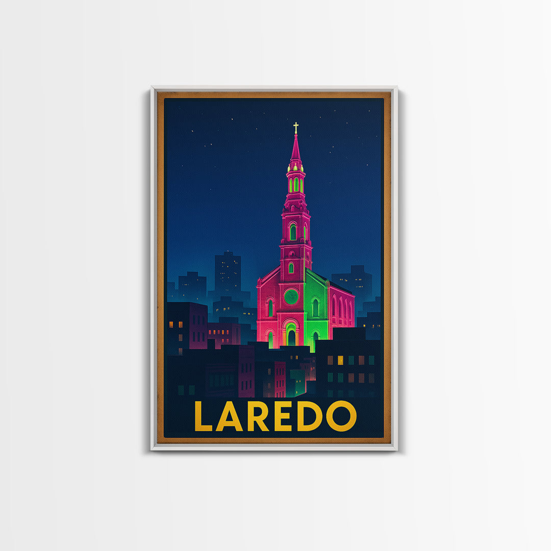 Laredo Texas Travel Poster, Framed Canvas Print, Electric Night Poster Art, Laredo Wall Art, Travel Poster Set, Watercolor Skyline