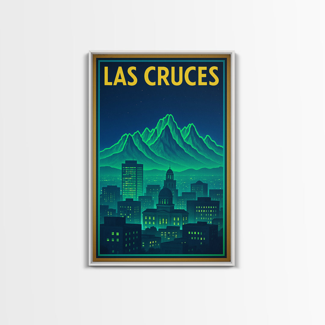 Las Cruces Travel Poster, Framed Canvas Print, Neon City Skyline Wall Art, Las Cruces Travel Art, Home Office Decor, Travel Wall Decor