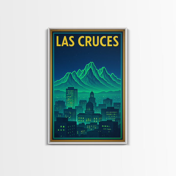 Las Cruces Travel Poster, Framed Canvas Print, Neon City Skyline Wall Art, Las Cruces Travel Art, Home Office Decor, Travel Wall Decor