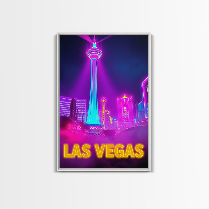 Las Vegas Nevada Travel Poster, Canvas Print, Cyberpunk Style City Art, Las Vegas Poster Print, Mid Century Wall Art, Watercolor Skyline