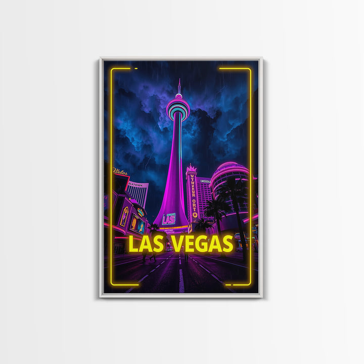 Las Vegas Travel Poster, Canvas Print, Neon City Skyline Wall Art, Las Vegas Art Print, City Illustration, Wanderlust Decor, Travel Wall Art