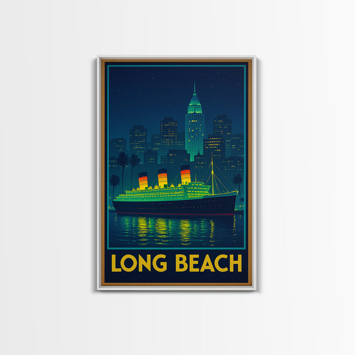 Long Beach California Travel Poster, Canvas Print, Retro Neon Travel Art, Long Beach City Art, Wall Art, City Art Print, Travel Wall Art