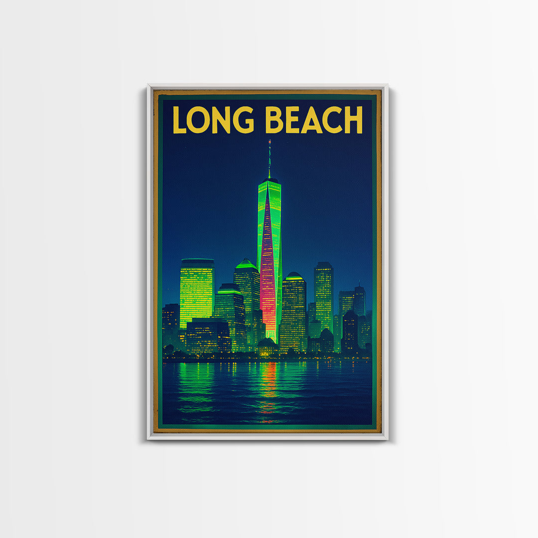 Long Beach Travel Poster, Framed Canvas Print, Retro Neon Travel Art, Long Beach Travel Art, Retro Travel Print, Eclectic Wall Decor