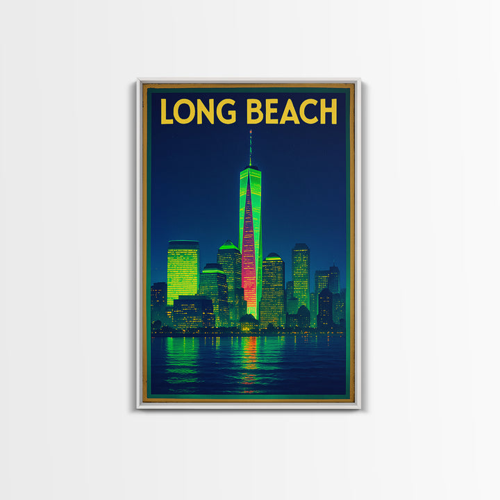 Long Beach Travel Poster, Framed Canvas Print, Retro Neon Travel Art, Long Beach Travel Art, Retro Travel Print, Eclectic Wall Decor