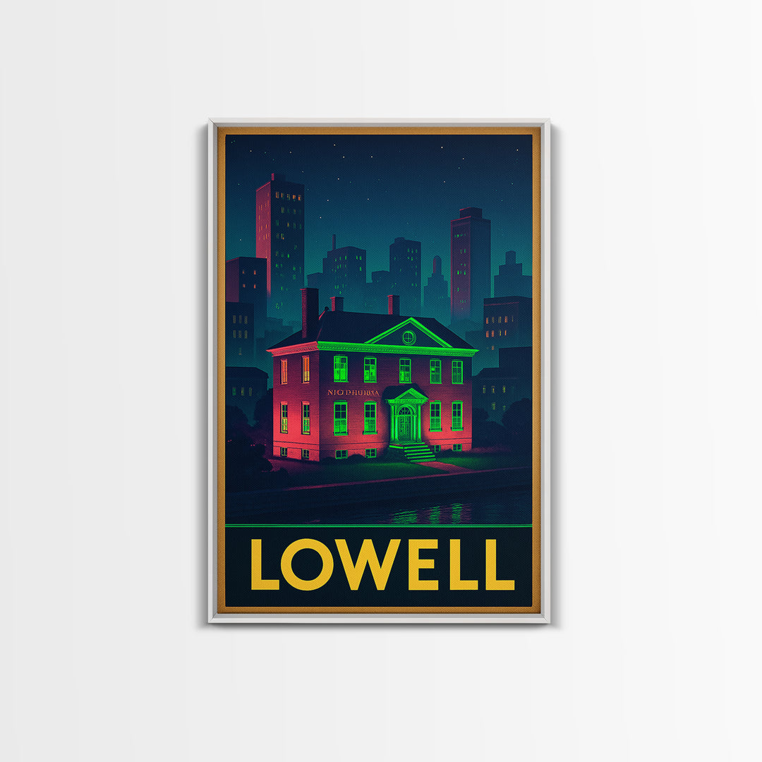 Lowell Massachusetts Travel Poster, Canvas Print, Retro Neon Travel Art, Lowell Travel Art, Wanderlust Decor, Wall Art, Retro Travel Print