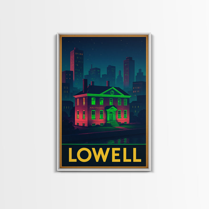 Lowell Massachusetts Travel Poster, Canvas Print, Retro Neon Travel Art, Lowell Travel Art, Wanderlust Decor, Wall Art, Retro Travel Print