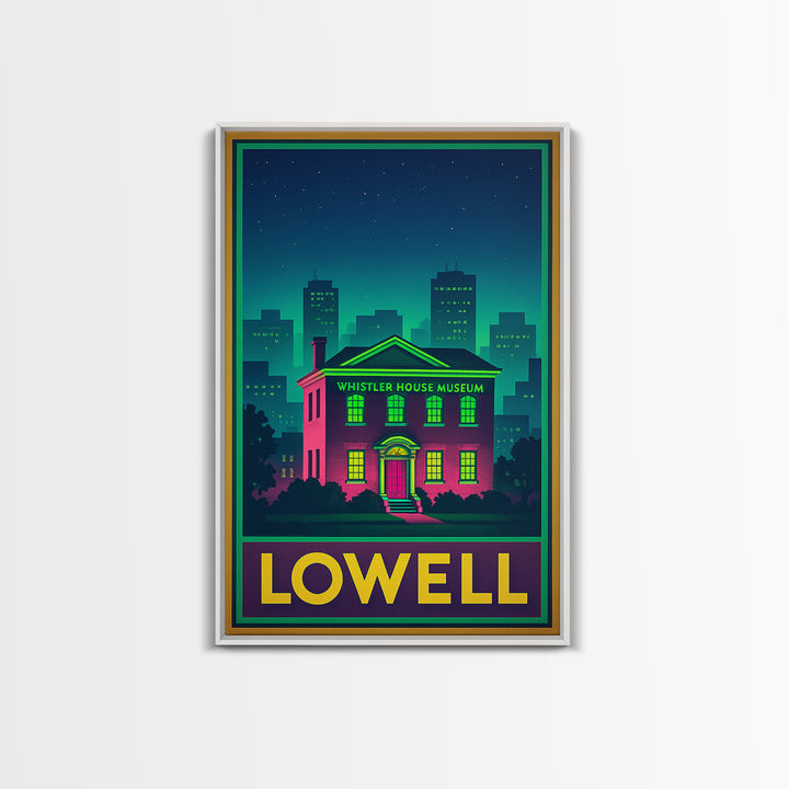 Lowell Travel Poster, Canvas Print, Retro Neon Travel Art, Lowell Travel Art, Travel Wall Decor, Travel Wall Art, Retro Travel Print