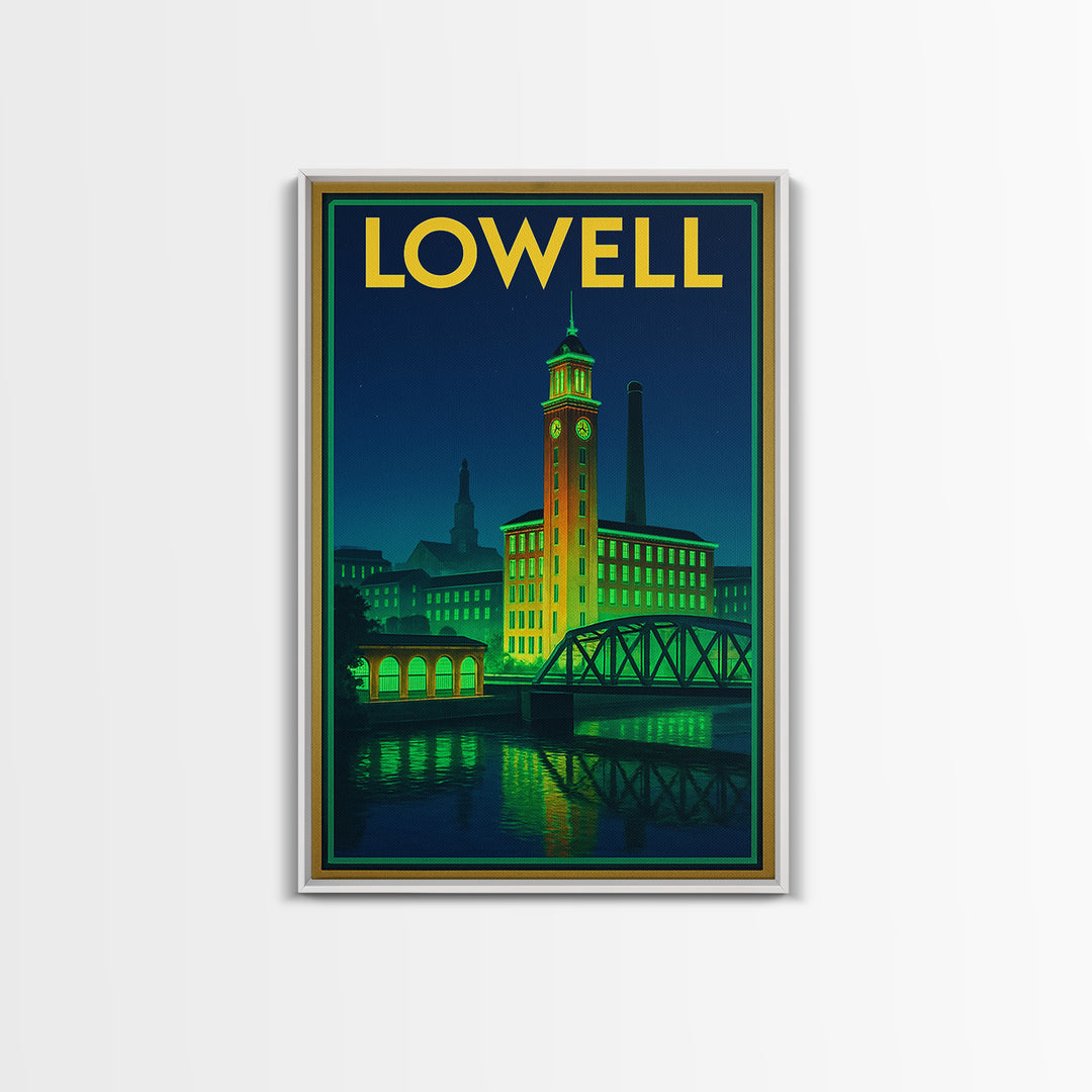 Lowell Travel Poster, Canvas Print, Neon Urban Skyline Wall Art, Lowell Wall Art, Watercolor Urban Skyline, Travel Art Print, Wall Decor