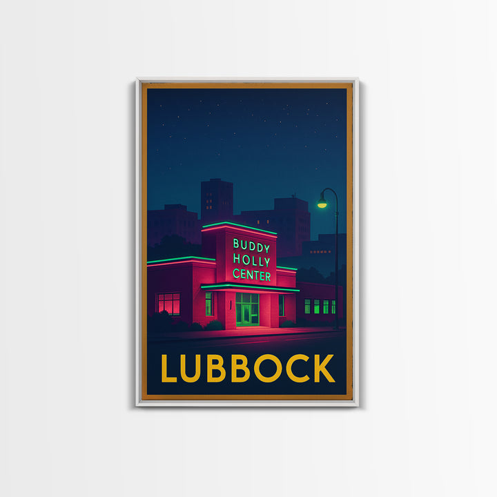 Lubbock Texas Travel Poster, Canvas Print, Neon Skyline Art Wall Art, Lubbock Poster Print, Vintage Travel Print, Mid Century Wall Art