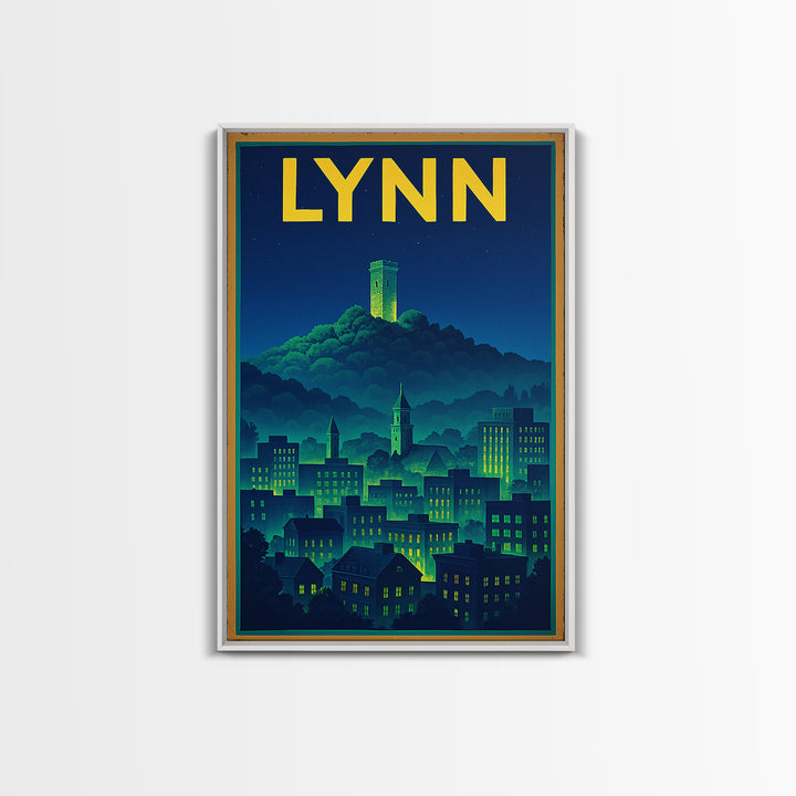 Lynn Travel Poster, Framed Canvas Print, Retro Neon Travel Art, Lynn Art Print, Modern Wall Decor, Travel Wall Art, Gift For Travelers