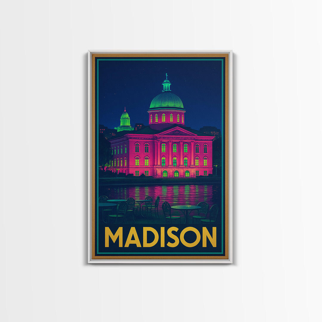 Madison Wisconsin Travel Poster, Canvas Print, Cyberpunk Style City Art, Madison City Art, City Illustration, Wall Art, Modern Wall Decor