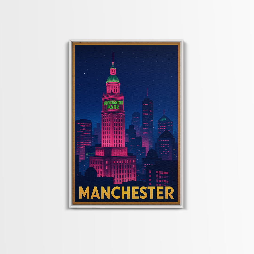 Manchester New Hampshire Travel Poster, Canvas Print, Neon Skyline Art Wall Art, Manchester Art Print, Travel Wall Art, City Travel Prints