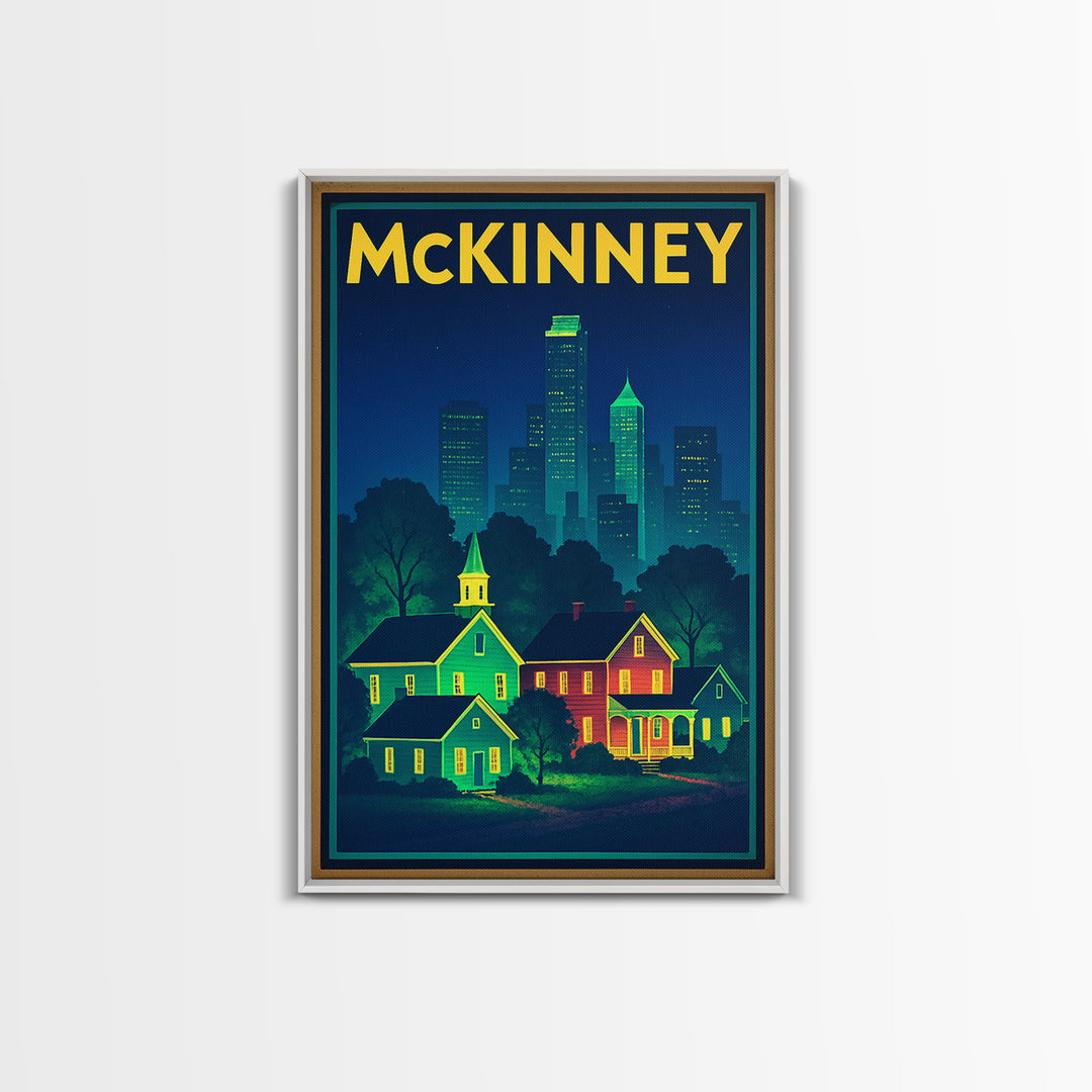 Mckinney Travel Poster, Framed Canvas Print, Retro Neon Travel Art, Mckinney Poster Print, Gift For Travelers, Fine Art Print, Design 2