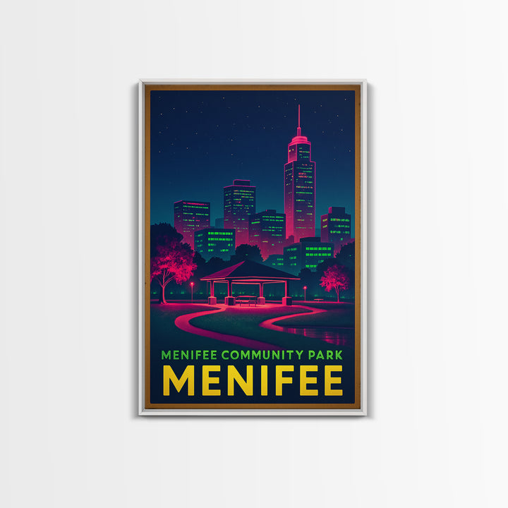 Menifee California Travel Poster, Canvas Print, Electric Night Poster Art, Menifee Travel Art, Watercolor City Skyline, City Art Print