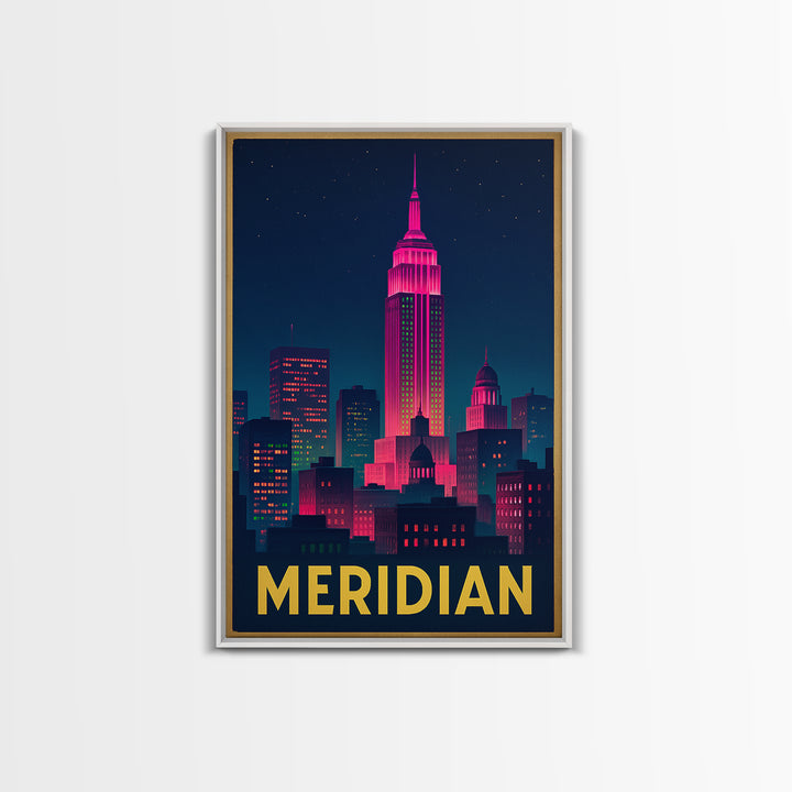 Meridian Idaho Travel Poster, Framed Canvas Print, Electric Night Poster Art, Meridian Wall Art, Travel Poster Art, Mid Century Wall Art