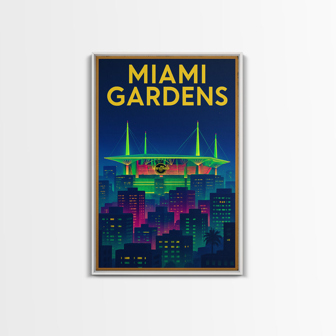Miami Gardens Travel Poster, Canvas Print, Electric Night Poster Art, Miami Gardens Wall Art, Mid Century Wall Art, Vintage Travel Art