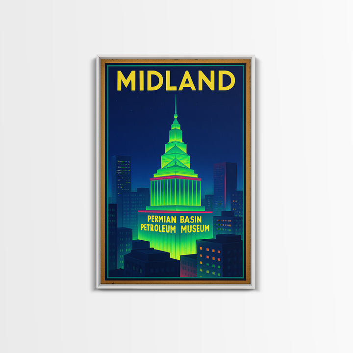 Midland Travel Poster, Framed Canvas Print, Retro Neon Travel Art, Midland Art Print, Eclectic Wall Decor, City Art Print, Fine Art Print
